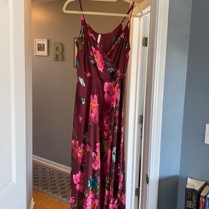 Maroon floral maxi silk dress